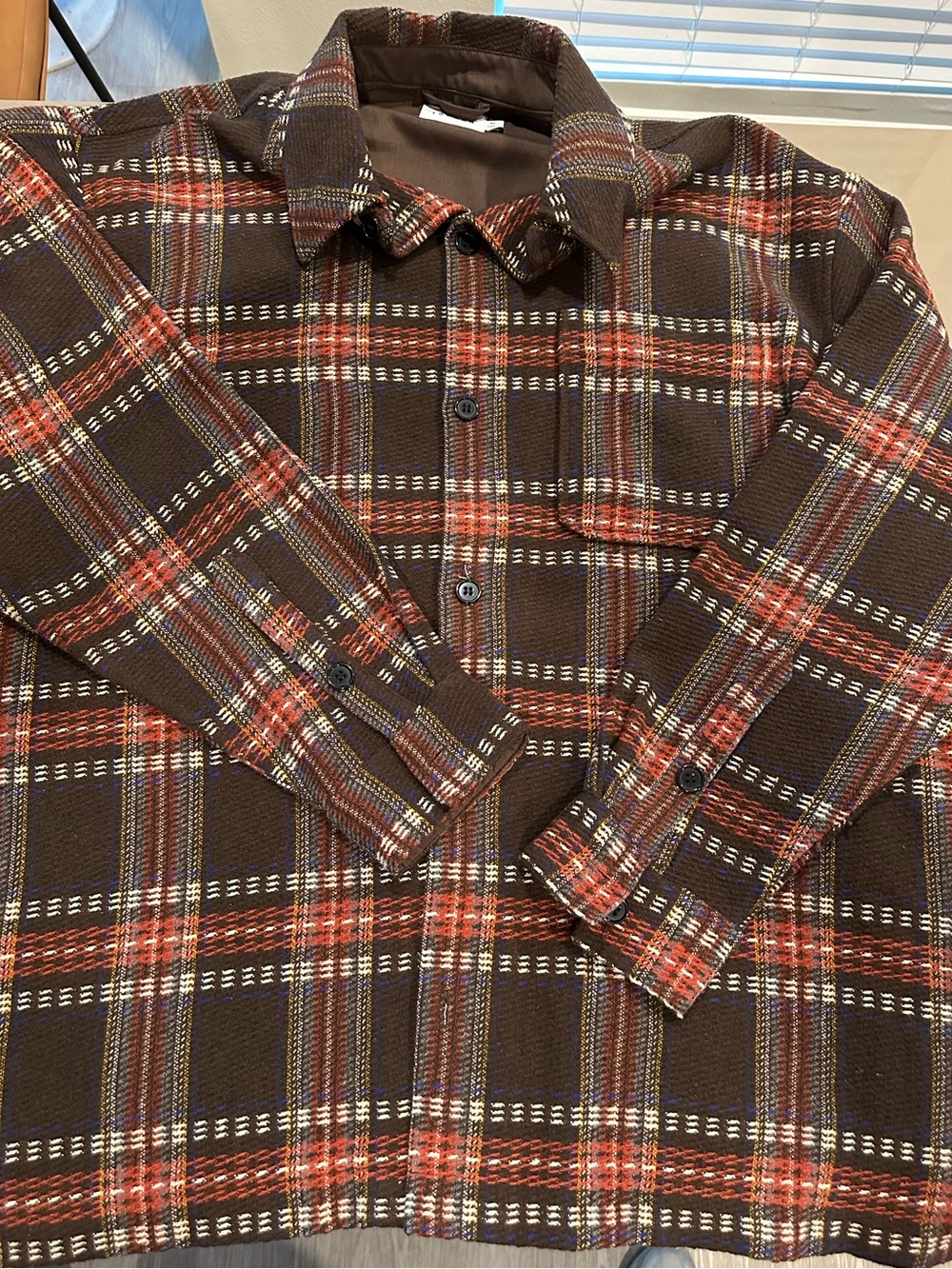Topman Brown Plaid Button-Down Shirt Jacket with Rust and Cream Accents - Picture 1 of 5